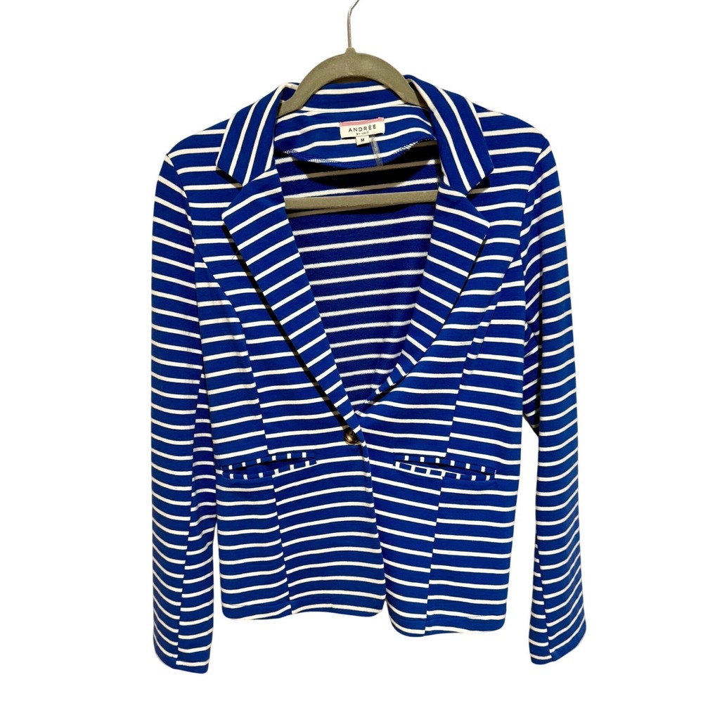 Andree By Unit Blazer Striped Knit Nautical Blue White Womens Medium